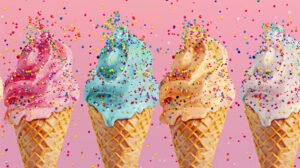 A whimsical illustration of ice cream cones covered in sprinkles, with pastel colored scoops and playful patterns