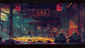 A whimsical illustration of the Ninja Turtles training in a dojo with Master Splinter, surrounded by martial arts equipment