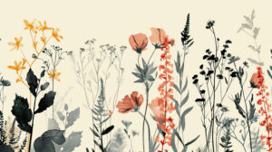 A whimsical illustration of various flowers in a vintage botanical print style, with intricate details and subtle color palettes