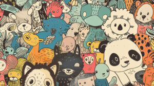 A whimsical wallpaper featuring cartoon animals with exaggerated, fluffy fur, set against a lighthearted background