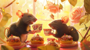 A whimsical wallpaper featuring rats enjoying a tea party with miniature teacups and pastries set against a soft pastel background