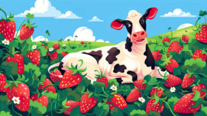 A whimsical wallpaper showcases a strawberry cow relaxing amidst a field of oversized strawberries under a vibrant blue sky
