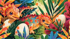 A whimsical wallpaper showcasing adorable baby dinosaurs emerging from eggs amidst vibrant prehistoric foliage