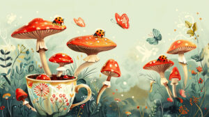 A whimsical wallpaper showcasing mushrooms in a teacup garden with delicate ladybugs and butterflies fluttering in a pastel colored setting