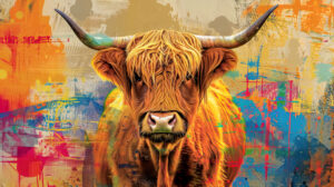 Abstract Highland cow art with a colorful backdrop seamlessly fusing modern style and rustic charm in an artful wallpaper