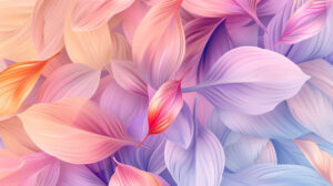 Abstract wallpaper featuring soft gradients of pink peach and lavender with overlapping petals and leaves
