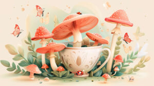 Adorable mushrooms in a teacup garden with tiny ladybugs and butterflies dancing around against a soft pastel colored backdrop in the file Teacup Garden Delight.jpg