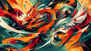 An abstract design featuring dragon shapes and flames, with bold colors and dynamic lines creating a sense of movement