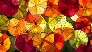 An abstract design with slices of various fruits overlapping and intertwining, creating a colorful mosaic effect