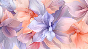 An abstract floral design with overlapping petals and leaves in soft gradients of pink, peach, and lavender
