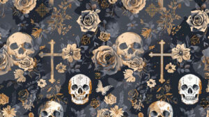An abstract pattern featuring gothic crosses, skulls, and roses in dark, muted colors
