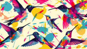 An abstract pattern featuring hummingbirds in flight, with vibrant colors and dynamic shapes creating a sense of motion and grace