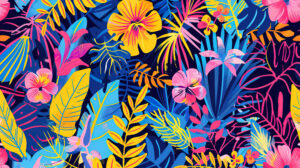 An abstract pattern featuring tropical leaves and flowers in bold, vibrant colors, evoking a sense of tropical paradise