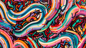 An abstract pattern of multicolored sprinkles arranged in swirling shapes and lines, creating a dynamic and festive look