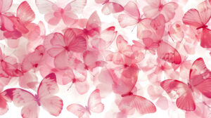 An abstract pattern of pink butterflies scattered across a white background, creating a minimalist and elegant look
