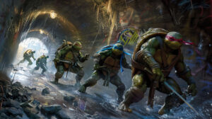 An action packed scene of the Ninja Turtles in a sewer lair, ready for battle with their weapons drawn