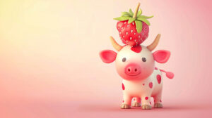An adorable cartoon style strawberry cow with a strawberry on its head, standing against a pastel colored background