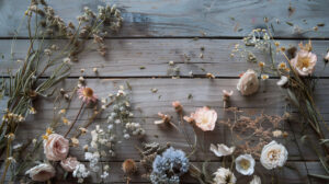 An artfully composed wallpaper of dried flowers in soft colors scattered across a rustic wooden surface in a serene arrangement