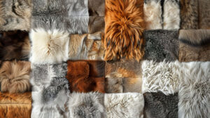 An artistic composition of various fur types in a patchwork design, featuring different textures and colors