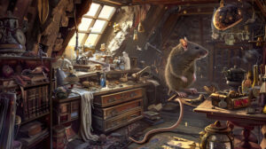 An artistic illustration of a rat exploring a cozy, cluttered attic filled with various trinkets and treasures