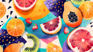 An artistic pattern featuring an assortment of fruits, with bright colors and geometric shapes creating a lively and fresh design