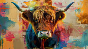 An artistic portrayal features a Highland cow set against a vibrant abstract backdrop blending contemporary art with rustic allure
