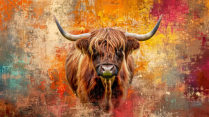 An artistic rendering of a Highland cow with a colorful, abstract background, blending modern art with rustic charm