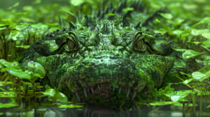 An artistic rendering of a crocodile camouflaged among aquatic plants, its eyes and nostrils barely visible above the waterline