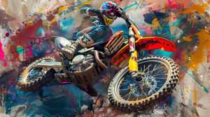An artistic rendering of a dirt bike in a colorful, graffiti style design, set against an urban background with vibrant, energetic elements
