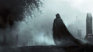 An artistic rendering of a gothic vampire in a long, flowing cloak, standing against a backdrop of a foggy graveyard