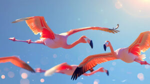 An artistic rendering of flamingos in flight, their wings spread wide against a backdrop of a clear blue sky