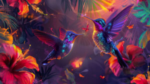 An artistic rendering of hummingbirds and tropical flowers, with bold colors and fluid brushstrokes creating a lively scene