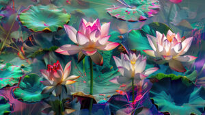 An artistic rendering of lotus flowers and lily pads, with vibrant colors and intricate details creating a sense of harmony and balance