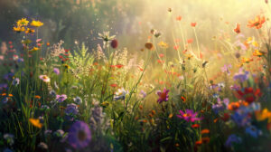 An artistic rendering of wildflowers in a meadow, with a soft focus effect that creates a dreamy, ethereal atmosphere