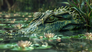 An artistic wallpaper featuring a crocodile blending seamlessly with aquatic plants only its eyes and nostrils peeking above the waterline