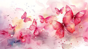 An artistic watercolor painting of pink butterflies in flight, with fluid brushstrokes and soft gradients