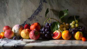 An elegant still life composition of fruits arranged on a marble countertop, with soft natural light highlighting their shapes and colors