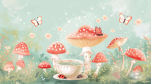 An enchanting wallpaper featuring whimsical mushrooms in a teacup garden accompanied by delicate ladybugs and butterflies set against a soft pastel background