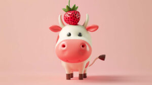 An endearing cow fashioned in a cartoon style adorned with a strawberry on its head stands against a backdrop of pastel hues in the wallpaper file named strawberry cow.jpg