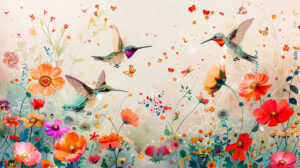 An energetic scene unfolds as whimsical hummingbirds flit among a vibrant garden filled with colorful blooms captured in Dancing Hummingbirds in Bloom.jpg