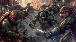 An epic battle scene of the Ninja Turtles facing off against their arch nemesis, Shredder, in an urban setting