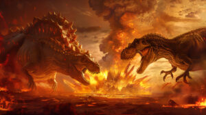 An epic scene of a T Rex and a stegosaurus engaged in a dramatic battle, with a volcanic eruption in the background