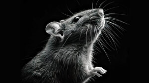 An evocative black and white wallpaper capturing the elegance of a rat as it stands on its hind legs showcasing its smooth fur and intricate features