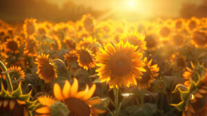 An expansive sunflower field is bathed in the warm glow of the setting sun casting a cheerful and uplifting ambiance with its bright yellow petals