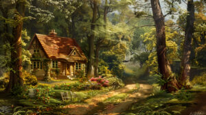 An idyllic scene of a country lane lined with tall trees, leading to a cozy cottage nestled among lush gardens