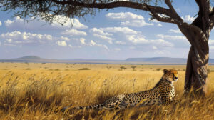 An idyllic wallpaper captures a cheetah lazing beneath an acacia tree framed by the golden African savanna enhancing its elegance and beauty
