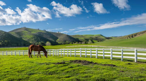 An idyllic wallpaper featuring a horse peacefully grazing in a lush green pasture set against a backdrop of rolling hills a white fence and blue skies