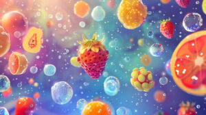 An imaginative wallpaper featuring fruits dancing in a bubbly sea exuding a playful and invigorating atmosphere
