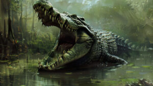 An impactful wallpaper featuring a crocodile displaying its powerful jaws sharp teeth and strong physique in a swampy environment