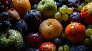 An intriguing wallpaper featuring a collection of assorted fruits displaying a variety of textures and colors enhanced by water droplets for a vibrant refreshing look